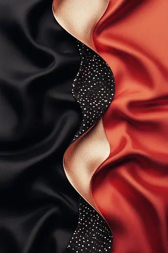 Midjourney generated image using SREF code Ballooned Identity: a close up of a black and red fabric with polka dots