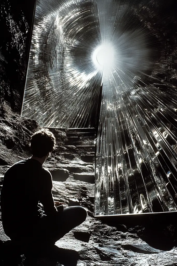 Midjourney generated image using SREF code Chromatic Depth: A man sitting on the ground in front of a large mirror.