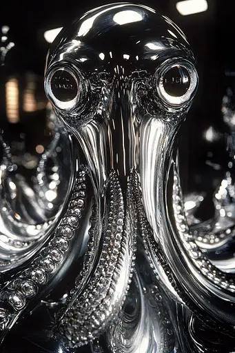 Midjourney generated image using SREF code Chromatic Depth: a close up of a metal sculpture of an octopus 