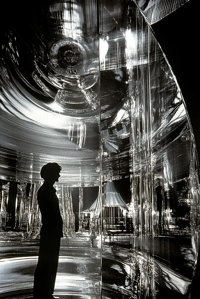 Midjourney generated image using SREF code Chromatic Depth: A person standing in front of a large glass sculpture.