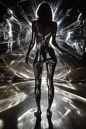 Midjourney generated image using SREF code Chromatic Depth: A woman in a shiny silver bodysuit standing in a dark room.