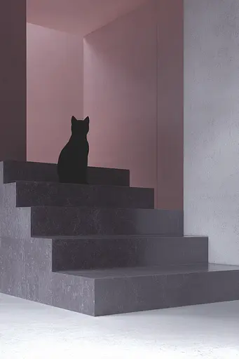 Midjourney generated image using SREF code Lunar Minimalism: A black cat sitting on top of a set of stairs.