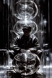 Midjourney generated image using SREF code Chromatic Depth: A man sitting in front of a large glass sculpture.