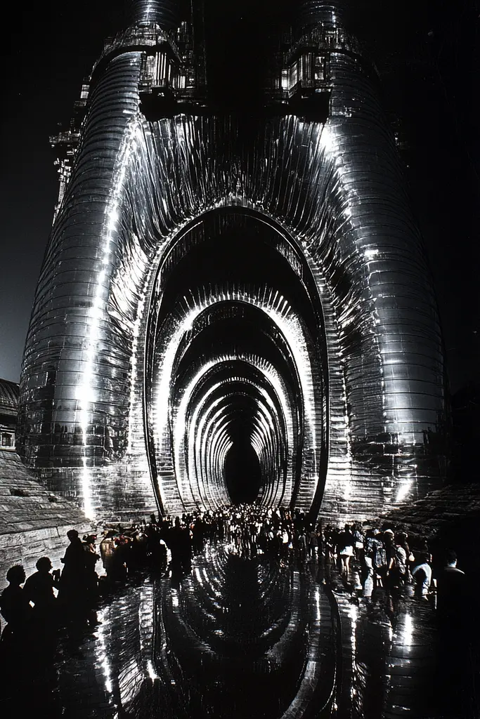 Midjourney generated image using SREF code Chromatic Depth: A group of people standing in front of a large metal structure.