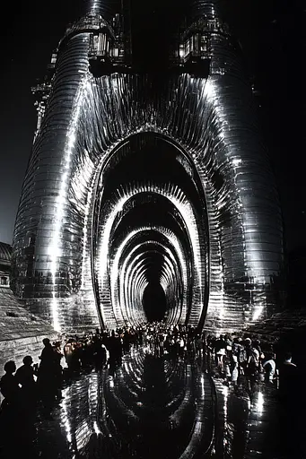 Midjourney generated image using SREF code Chromatic Depth: A group of people standing in front of a large metal structure.