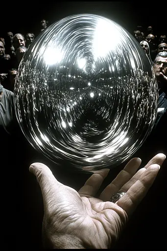 Midjourney generated image using SREF code Chromatic Depth: A person holding a crystal ball in front of a crowd.