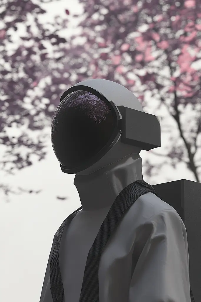 Midjourney generated image using SREF code Lunar Minimalism: A man wearing a virtual reality headset standing in front of a tree.