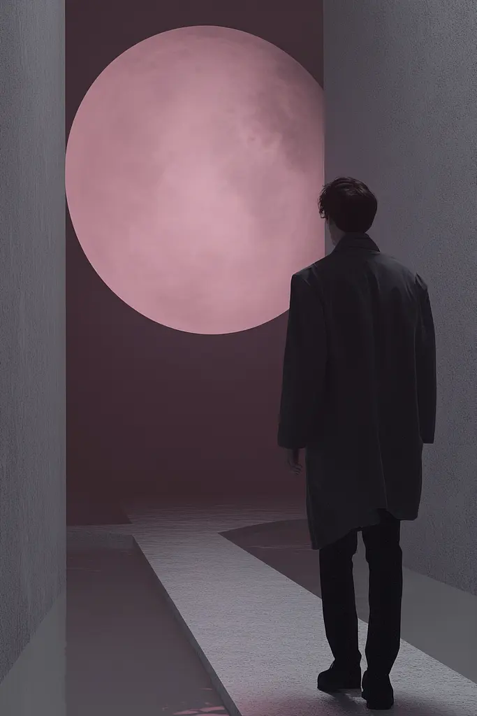 Midjourney generated image using SREF code Lunar Minimalism: A man in a black coat standing in a dark room.