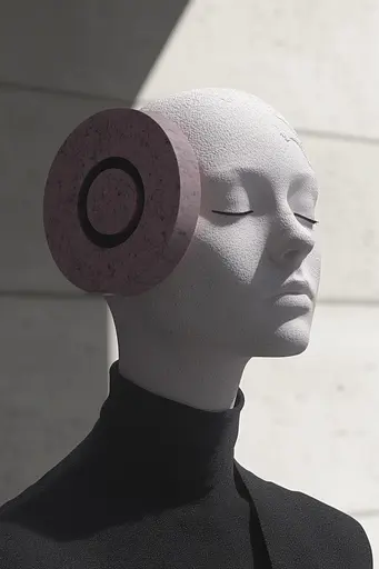 Midjourney generated image using SREF code Lunar Minimalism: A mannequin wearing a pair of headphones on its head.