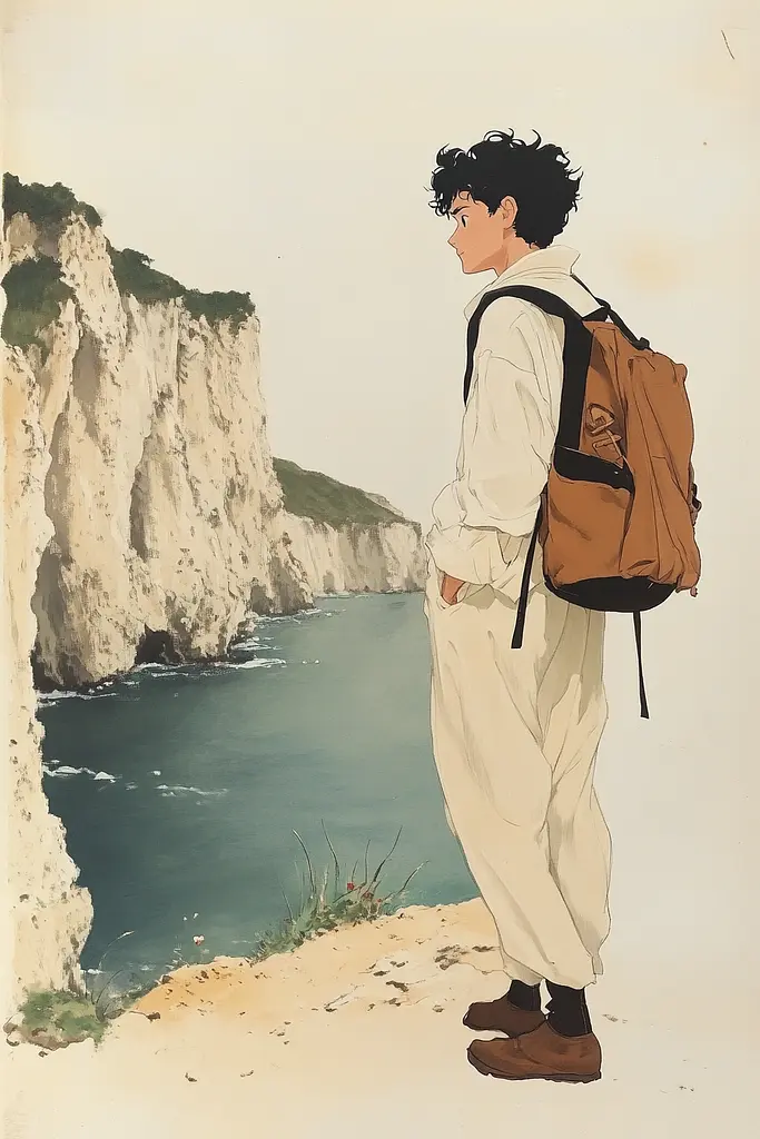 Midjourney generated image using SREF code Charmed Thoughts: A man with a backpack standing on a cliff overlooking the ocean.