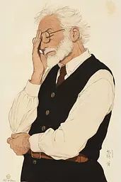 Midjourney generated image using SREF code Charmed Thoughts: A drawing of a man with a white beard and glasses.