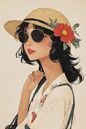 Midjourney generated image using SREF code Charmed Thoughts: A woman wearing a straw hat and sunglasses.