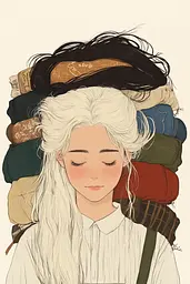 Midjourney generated image using SREF code Charmed Thoughts: A girl with long white hair and a pile of clothes.