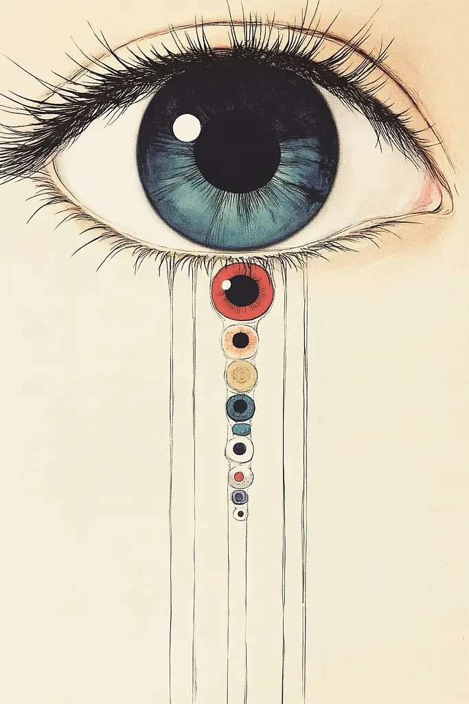 Midjourney generated image using SREF code Charmed Thoughts: A drawing of an eye with a tear coming out of it.