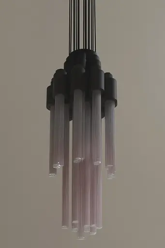 Midjourney generated image using SREF code Lunar Minimalism: A chandelier that has a bunch of lights hanging from it.