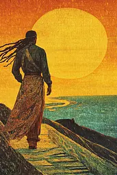 Midjourney generated image using SREF code Golden Gaze: A man with dreadlocks walking along a path by the ocean.