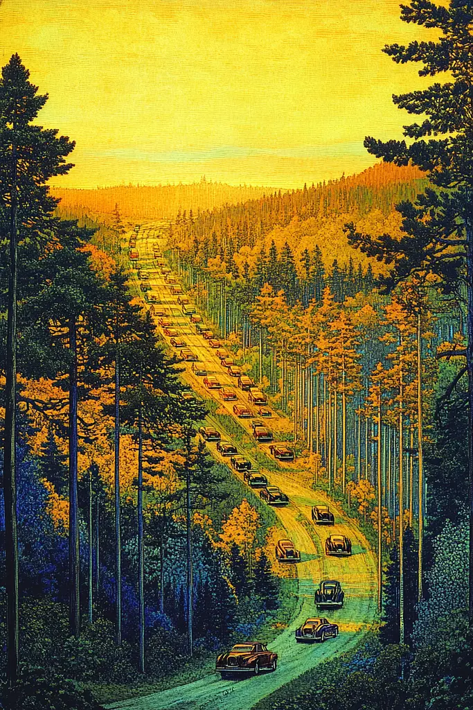 Midjourney generated image using SREF code Golden Gaze: A painting of a road in the middle of a forest.