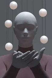 Midjourney generated image using SREF code Lunar Minimalism: A mannequin holding a bunch of white balls in his hands.