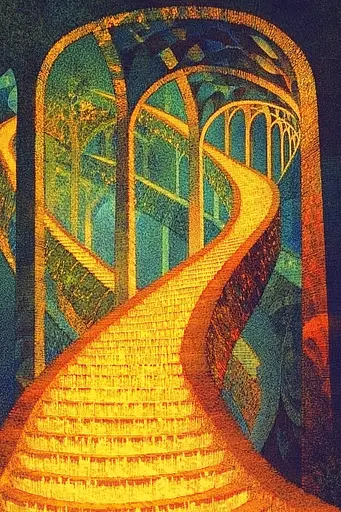 Midjourney generated image using SREF code Golden Gaze: A painting of a stairway leading up to a bridge.