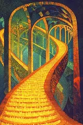 Midjourney generated image using SREF code Golden Gaze: A painting of a stairway leading up to a bridge.