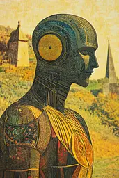 Midjourney generated image using SREF code Golden Gaze: A painting of a robot standing in a field.