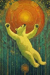 Midjourney generated image using SREF code Golden Gaze: A polar bear is standing on its hind legs in front of a sun.