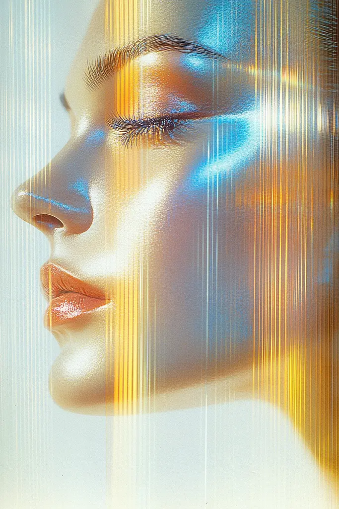 Midjourney generated image using SREF code Chrome Lilt: a close up of a woman's face with her eyes closed