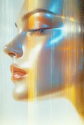 Midjourney generated image using SREF code Chrome Lilt: a close up of a woman's face with her eyes closed