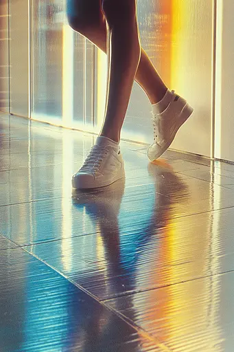 Midjourney generated image using SREF code Chrome Lilt: A person walking on a wooden floor in a room.