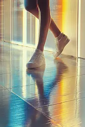 Midjourney generated image using SREF code Chrome Lilt: A person walking on a wooden floor in a room.