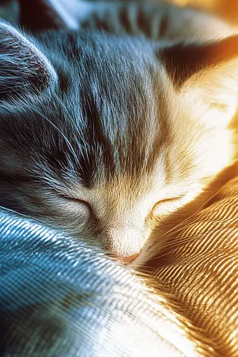 Midjourney generated image using SREF code Chrome Lilt: A small kitten sleeping on top of a couch.