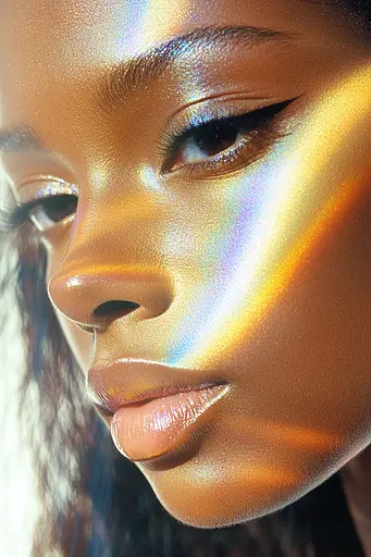 Midjourney generated image using SREF code Chrome Lilt: A close up of a woman's face with gold makeup.
