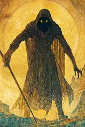 Midjourney generated image using SREF code Golden Gaze: A man in a hooded cloak holding a scythe in front of a golden background.