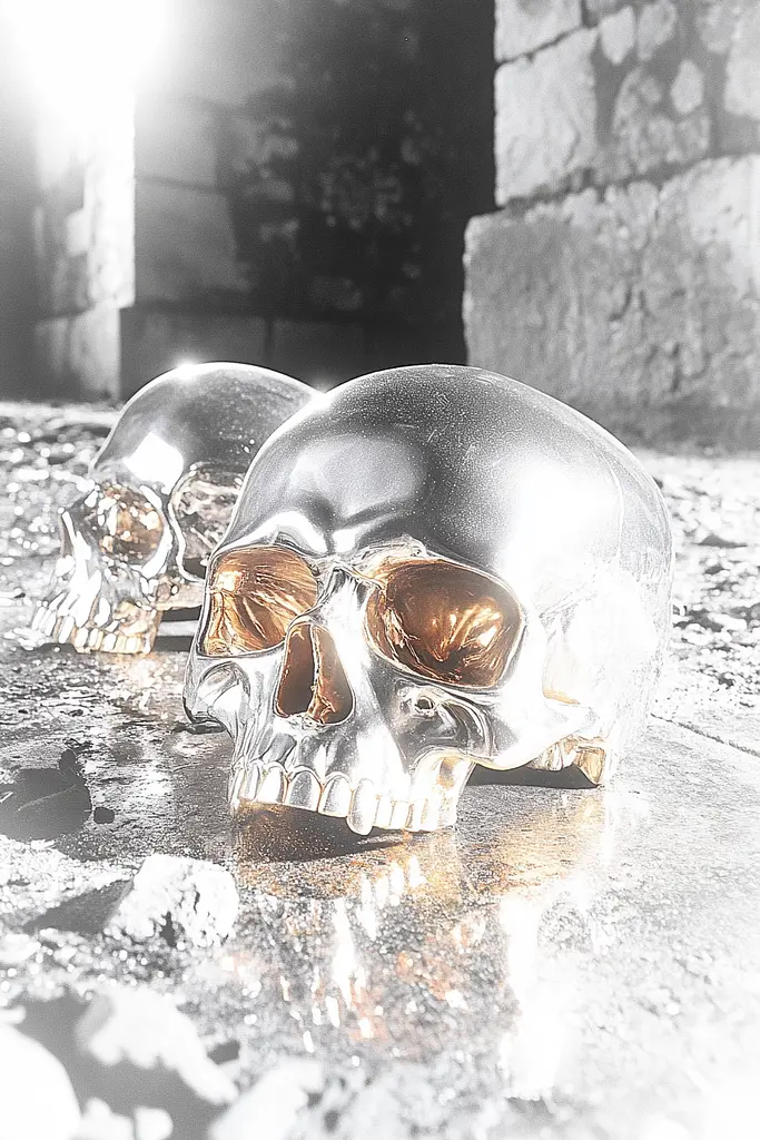 Midjourney generated image using SREF code Chrome Lilt: A couple of silver skulls sitting on top of a table.