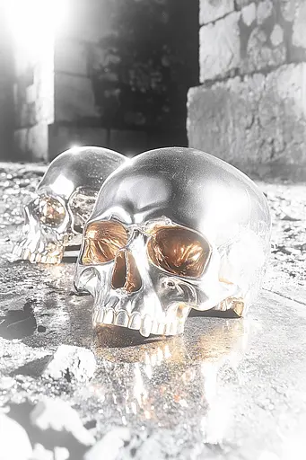 Midjourney generated image using SREF code Chrome Lilt: A couple of silver skulls sitting on top of a table.