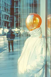 Midjourney generated image using SREF code Chrome Lilt: A man in a plastic suit with a large orange ball on his head.