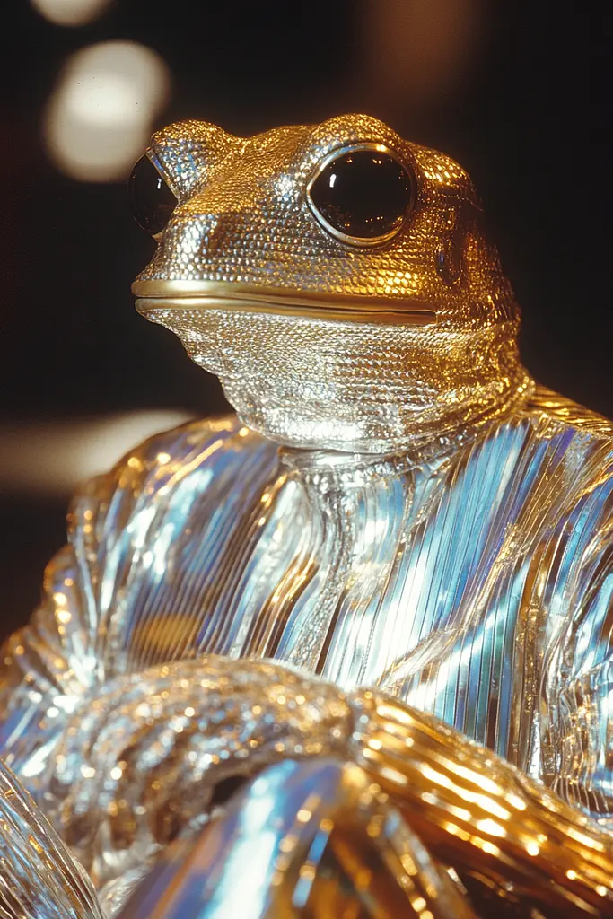 Midjourney generated image using SREF code Chrome Lilt: A glass frog sitting on top of a table.