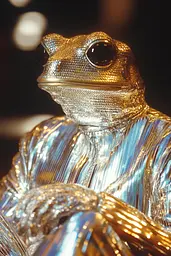 Midjourney generated image using SREF code Chrome Lilt: A glass frog sitting on top of a table.