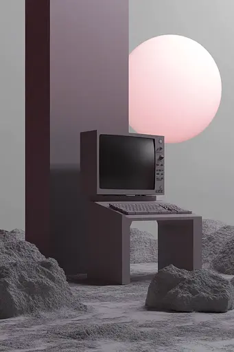 Midjourney generated image using SREF code Lunar Minimalism: A computer sitting on top of a table next to a pink ball.