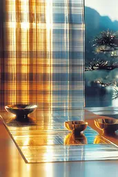 Midjourney generated image using SREF code Chrome Lilt: A table topped with bowls sitting on top of a wooden table.
