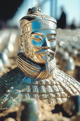 Midjourney generated image using SREF code Chrome Lilt: A close up of a statue of a man with a pipe in his mouth.