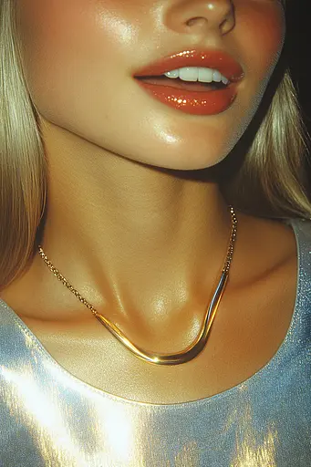 Midjourney generated image using SREF code Chrome Lilt: A woman wearing a gold necklace and a silver dress.