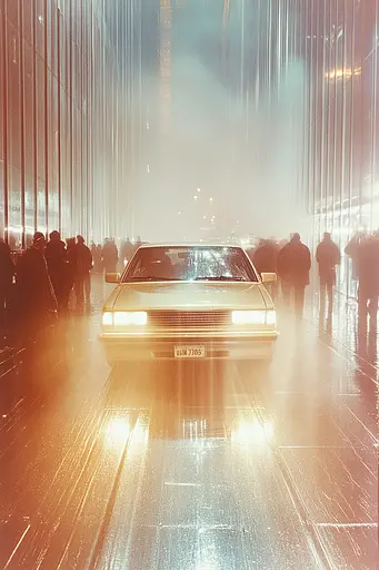 Midjourney generated image using SREF code Chrome Lilt: A car driving down a city street in the rain.