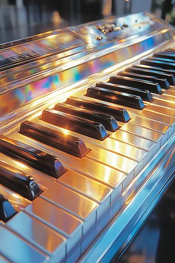 Midjourney generated image using SREF code Chrome Lilt: A close up of a piano keyboard in a room.