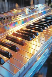 Midjourney generated image using SREF code Chrome Lilt: A close up of a piano keyboard in a room.