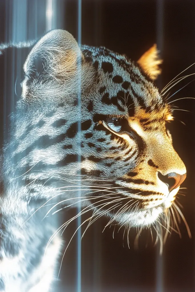Midjourney generated image using SREF code Chrome Lilt: A close up of a leopard's face behind bars.