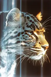 Midjourney generated image using SREF code Chrome Lilt: A close up of a leopard's face behind bars.