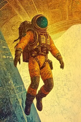 Midjourney generated image using SREF code Golden Gaze: A drawing of an astronaut floating in space.