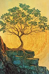 Midjourney generated image using SREF code Golden Gaze: A painting of a tree growing out of a rock.