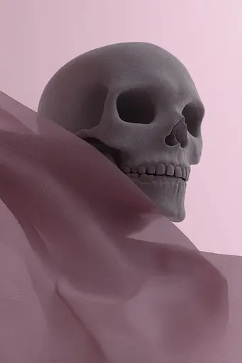 Midjourney generated image using SREF code Lunar Minimalism: A skull is peeking out from behind a pink fabric.